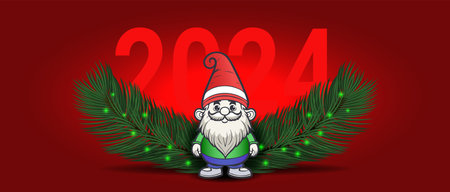 Vector red festive wide greeting card or banner. Cartoon funny cute gnome on a background of green fir branches. 2024. Christmas or New Year.のイラスト素材