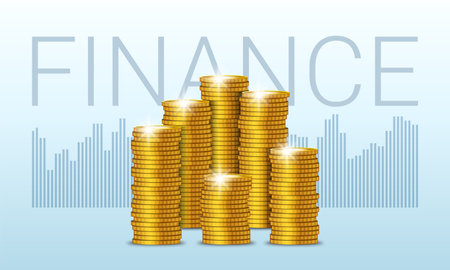 Vector financial poster. Gold 3d coins in stacks. Heaps of tokens. Bright radiant highlights.のイラスト素材