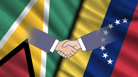Vector political economic banner. Friendly handshake against the backdrop of the wavy flags of Guyana and Venezuela. Peaceful attitude of countries.のイラスト素材