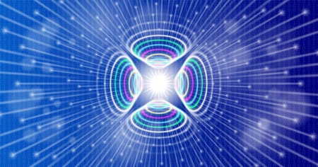 Vector abstract bright glowing banner. High digital technologies. Radiant explosion of an atom. Virtual space.のイラスト素材