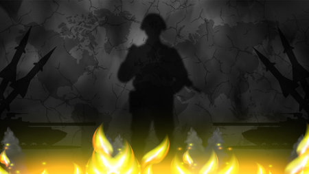 Vector military poster. Black shadows of soldier warrior, missiles and tanks. Dark world map with cracks and bright flames. War and conflicts.のイラスト素材