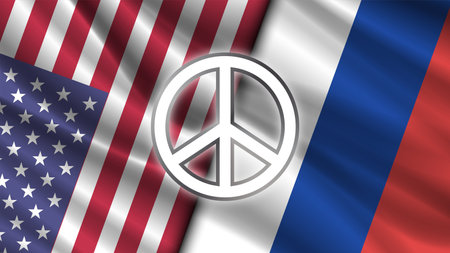 Vector political poster. A round light glowing peace sign on a background of wavy flags of the USA and Russia. Peace and friendship.のイラスト素材