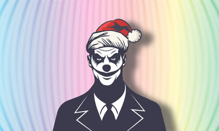 Vector graphic portrait of a strange powerful brutal male clown joker with a menacing look and wearing a Santa Claus hat against the backdrop of colored festive guilloche gridのイラスト素材