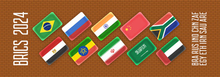 Vector political economic banner. Ten flags of the BRICS states in 2024. Brick wall. Brazil, Russia, India, China, South Africa and five new countries.のイラスト素材