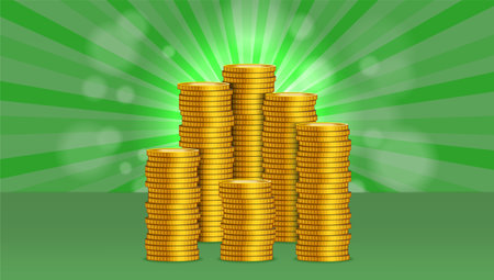 Vector financial and economic poster. Many stacks of gold coins on a radiant green background. Lottery winner. Profit or cash prize.のイラスト素材