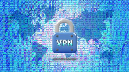 Vector high tech futuristic mosaic poster. Bright pixel banner. Classic padlock with the description VPN. Digital map of the world. Virtual closed space.のイラスト素材