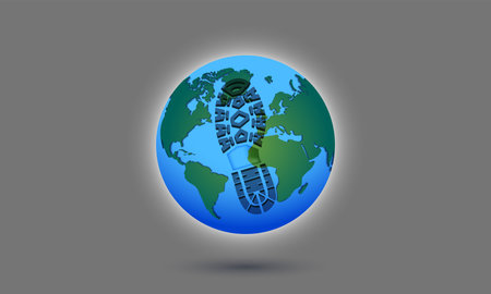 Vector 3D planet Earth with an imprint of the sole of a military boot. Glowing atmosphere. Political poster Gray background.のイラスト素材