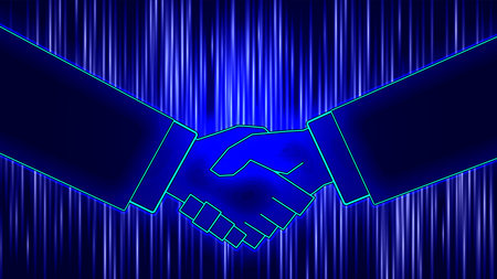 Vector digital handshake in virtual space. Dark glowing banner. Human hands on a background of blue rays. Friendly agreement remotely.のイラスト素材