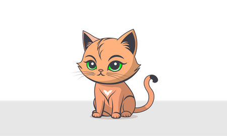 Vector cute cartoon ginger serious angry sad little sitting kitten with green big eyes. Kawaii anime pet.のイラスト素材