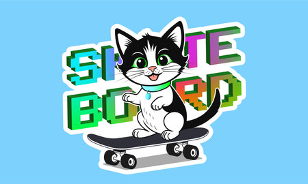 Vector cartoon cute beautiful black and white smiling happy kitten with small paws rides a skateboard. Sports pet 3d sticker.のイラスト素材