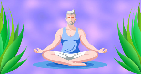 Vector flat handsome blond athletic man doing yoga in lotus position on a blurry lilac-pinkish background with green tropical plants. Spiritual practice, zen.のイラスト素材