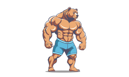 Vector cartoon huge angry brutal muscular strong Russian brown bear-bodybuilder with claws. Athlete in blue shorts. White isolated background.のイラスト素材