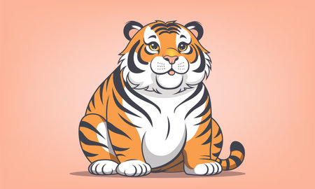 Vector cartoon cute funny sitting chubby overweight tiger cub. Obesity. Sticker.のイラスト素材