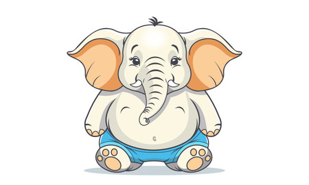 Vector cartoon funny comical good-natured chubby elephant sitting in shorts. Obese African animal. Sticker. White isolated background.のイラスト素材