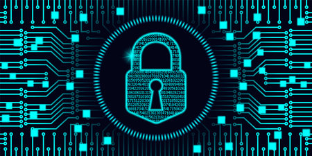 Vector digital glowing virtual classic cyan padlock. Prohibited entry. Computer chip. Ban or protection. High tech wide banner.のイラスト素材
