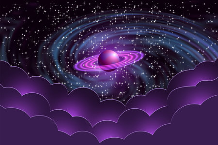 Vector space futuristic poster. Purple Saturn against the backdrop of starry sky and spiral galaxy with stylistically glowing clouds.のイラスト素材