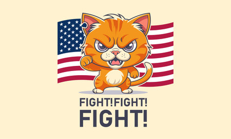 Vector illustration. Red menacing angry dissatisfied cat with a raised paw with a fist. Inscription, fight and USA flag. Torn or shot ear.のイラスト素材