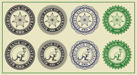 Vector graphic set of financial fictional seals. Collection of round icons with kangaroo and reserve bank of Australia inscription. Emblems or badges.のイラスト素材