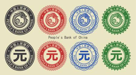 Vector graphic set of financial fictional seals. Collection of round icons, dragon ring and hieroglyph of Chinese symbol yuan, inscription in Chinese means Peoples Bank of Chinaのイラスト素材