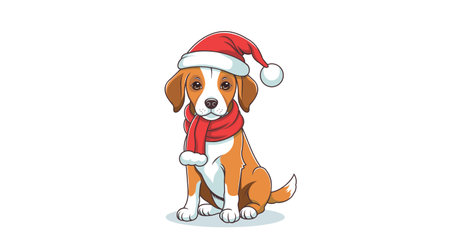 Vector cartoon cute nice friendly festive sitting little dog in red scarf and Santa Claus hat. Domestic purebred pet. Merry Christmas and Happy New Year. White isolated background.のイラスト素材