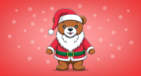 Vector cute standing cartoon smiling kind teddy bear in Santa Claus costume. Merry Christmas and Happy New Year. Red background with white snowflakes.のイラスト素材