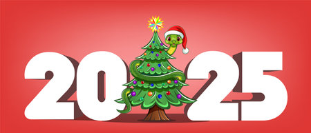 Vector holiday greeting card. Cartoon fir tree with funny green toon snake in Santa hat, wrapping around tree. 3D inscription 2025. Merry Christmas and Happy New Year. Wide banner.のイラスト素材