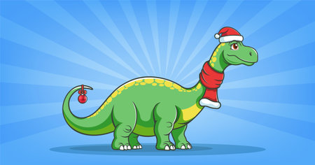 Vector holiday cartoon cute kind green dinosaur brontosaurus in red scarf and Santa Claus hat. Ball toy with bow. Merry Christmas and Happy New Year.のイラスト素材