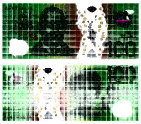 Vector pixel with halftone effect color banknote, denomination of 100 Australian dollars. Mosaic, many dots. Abstract money of Australia. Obverse and reverse of note.のイラスト素材