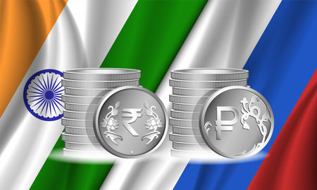 Vector political economic poster. Stacks of 3D coins. Indian rupee and Russian ruble. Flags of India and Russia. Mutual financial settlements between countries. Cash.のイラスト素材