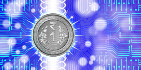 Vector financial technology poster. Virtual digital Indian rupee. Bright glow. Computer chip. Coin of India. Online trade and business.のイラスト素材