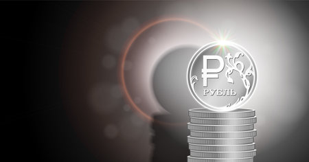 Vector economic poster or placard template. Shining coin, denomination of 1 ruble of Russian Federation, standing on stack of coins. Bright glare, glowing radiant spots. Businessのイラスト素材