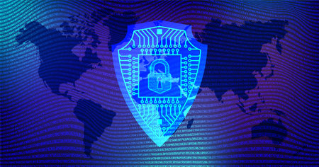 Vector banner of high computer technologies. Digital data protection. World map, glowing shield with closed lock and microcircuit. Planetary Internet. Virtual space. Antivirusのイラスト素材