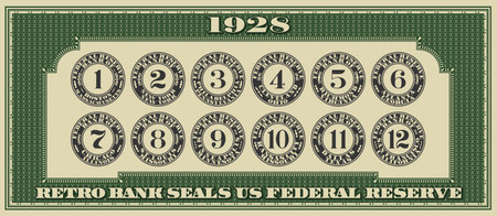 Vector graphic set of old vintage bank seals with numbers. Reserve banks of USA 1928. Collection of round retro financial icons. Group of economic stickers or badges. Symbolsのイラスト素材