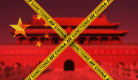 Vector yellow crossed prohibitory tapes with inscriptions, sanctions china, on red blurred chinese forbidden city. Political economic banner.のイラスト素材