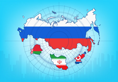Vector maps in national flag colors. Russian Federation, Republic of Belarus, Islamic Republic of Iran and Democratic Peoples Republic of Korea. Circular diagram and chartのイラスト素材