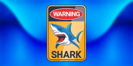 Vector color cartoon rectangular beach information sign. Scary toon shark with red open toothy mouth. Warning. Blue blurred wavy sea background. Dangerous fauna. Fish predatorのイラスト素材