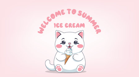 Vector cute cartoon beautiful plump white pink little sitting kitten eats ice cream. Inscription, welcome to summer. Toon nice domestic chubby cat. Pet tender pastel puss.のイラスト素材