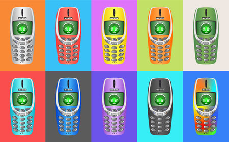 Vector set of vintage mobile push-button phones in rainbow colors. Collection of telephones from the 90s. Gadgetsのイラスト素材