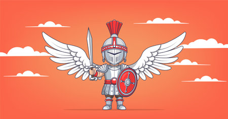 Vector cartoon toy roman comical standing soldier infantryman angel with white wings, sword and shield. Toon armor, helmet and cuirass. Red sky and cloudsのイラスト素材