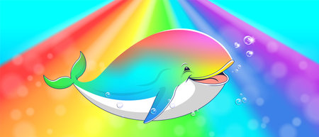 Vector cheerful happy smiling chubby classic rainbow cartoon whale. Iridescent bright underwater good natured giant. Ocean radiant world, glowing bubbles. Multicolor cute animalのイラスト素材