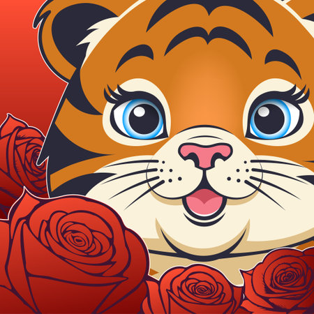 Vector cartoon bright colorful square sticker. Portrait of small smiling cute toon tiger cub in red roses. Close-up faceのイラスト素材