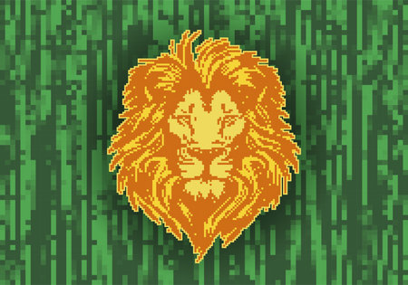Vector pixel mosaic vintage orange shaggy cartoon brutal serious lion head. Pixel art. Portrait of African king of beasts.のイラスト素材