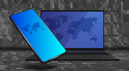Vector 3d smartphone floating and open mobile computer laptop. Cyan blue screens, world map silhouette. Digital electronic devices, global telecommunication, communication. Pixelsのイラスト素材
