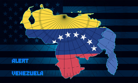 Vector map of Bolivarian Republic of Venezuela in colors of national flag. Inscription, alert. Graphic circles and sectors. Disputed territories. Background of dark us bannerのイラスト素材
