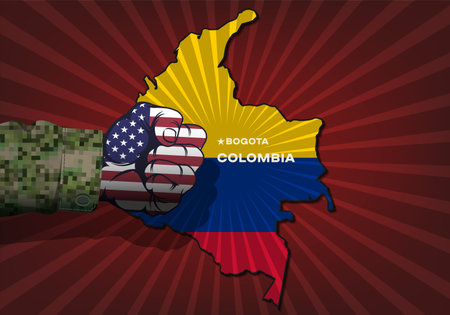 Vector political banner. Military powerful clenched male fist in colors of national flag of United States of America hangs over map of Republic of Colombia. Hitのイラスト素材
