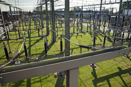 electric cables with ceramic parts near a plant with green grassの写真素材