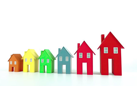 3D render of colorful houses in a row isolated on white backgroundの素材