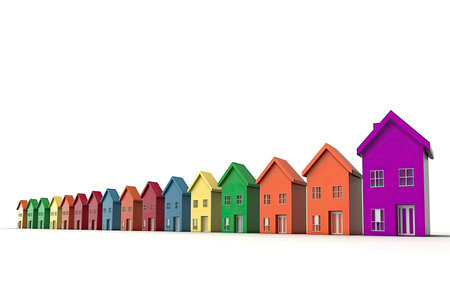 Colorful houses isolated on white background. 3D render illustration.の素材