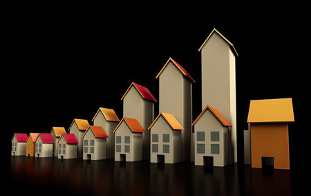 3d illustration of houses over black background with red roof in the middleの素材