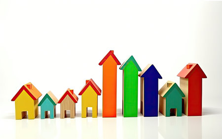 Toy houses of different colours as arrow graph, Generative AIの素材